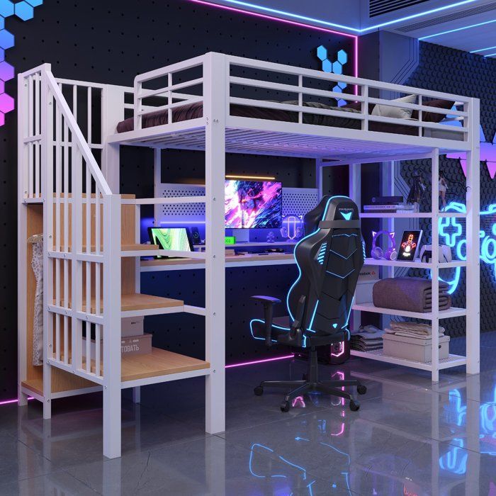 Lit mezzanine 90x200 blanc métal avec bureau rangements LED et prises