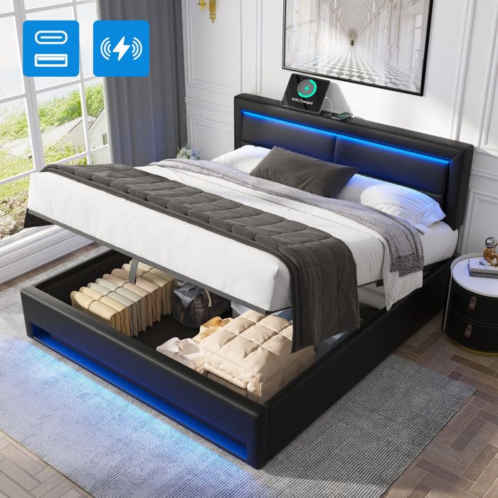 Piaenon -Lit coffre Lit capitonné 140x200 cm Lit double avec rangement USB LED et sommier - PU - Noir