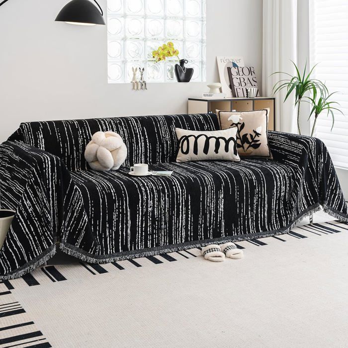 Housse de canapé 3 places chenille noire 180×260cm avec franges plaid lavable antidérapant antitache