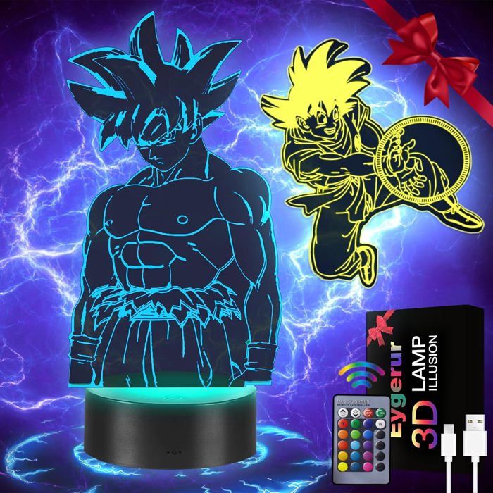Lampe Veilleuse Goku 2-en-1 - 1 Unité - Acrylique et ABS - Illusion 3D LED 16 Couleurs - Chambre Enfant et Décoration - RATELIER