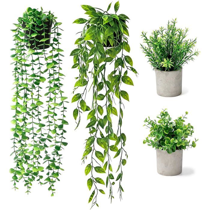 Plantes artificielles Lot de 4 avec Pots et Plante tombante Eucalyptus romarin feuillage de pois mini fausse plante pour salle