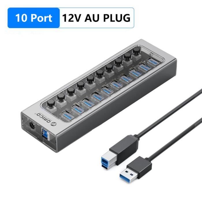 Hub USB 3.1 ACASIS 10 Ports Avec Alimentation – Vitesse 10 Gbps, Interrupteurs Individuels, Pour MacBook, PC – 48W
