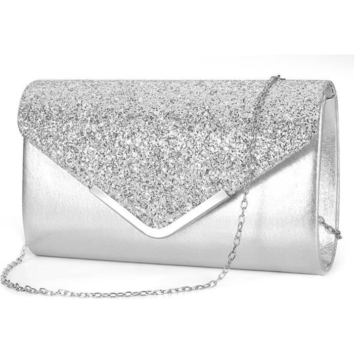 Pochette Sac à Main Soirée Mariage Cérémonie Argent à Paillettes