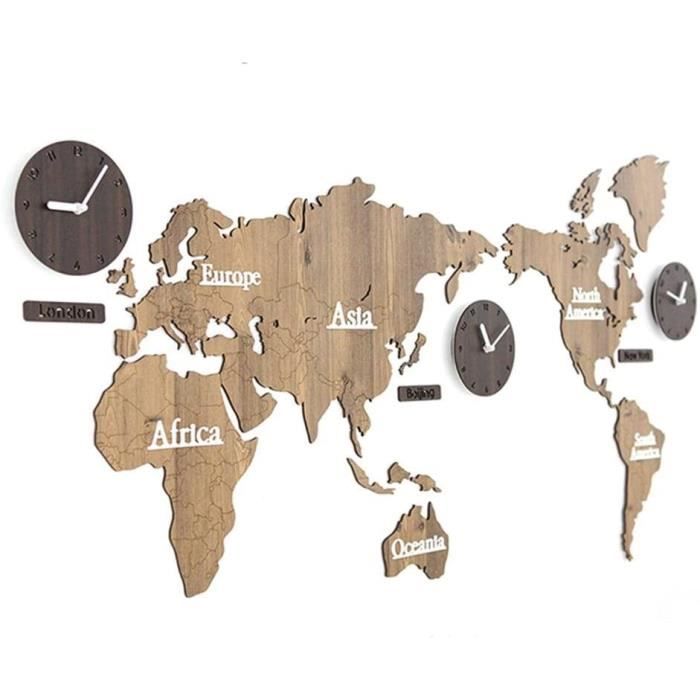 Grande Carte du Monde Horloge Murale en Bois À faire soi-même Autocollant Puzzle décoration intérieure cadeau-Noir