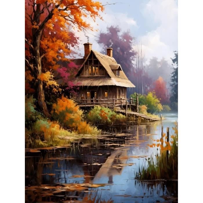 Kit Broderie Point De Croix Paysage D'Automne – Toile Pré-imprimée 70x50cm & Fil | Loisir Créatif Débutant & Adulte