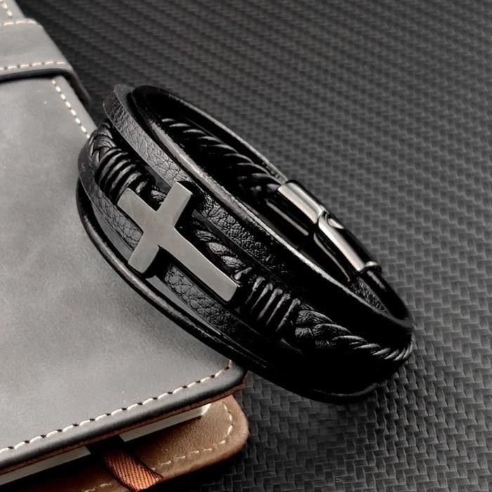 Bracelet Croix en Cuir pour Homme 18 50 cm • Bracelet Religieux Noir • Bijou Chrétien • Cadeau pour Lui