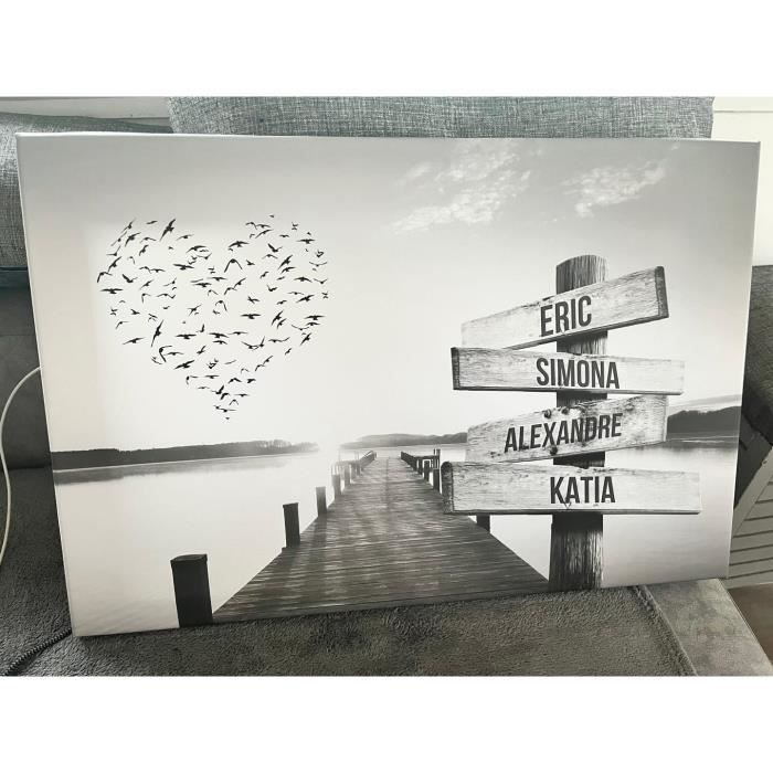 Toile Personnalisée Avec Cadre Prénom Famille Coeur Et Ponton Coucher De Soleil 40 X 60 Cm Noir