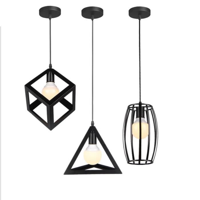 Suspension Vintage E27 Lampe de Plafond - WOTTES - UNI 3PCS - Noir - Fer Forgé - 40W - Campagne