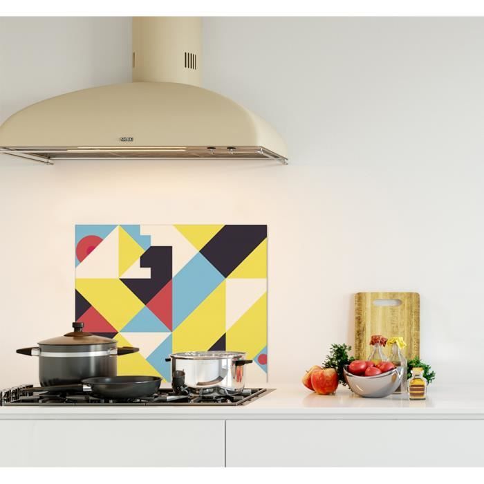 Crédence De Cuisine Adhésive En Verre De Synthèse Composition Géométrique Jaune Turquoise Et Rouge Style Scandinave L 60 X H