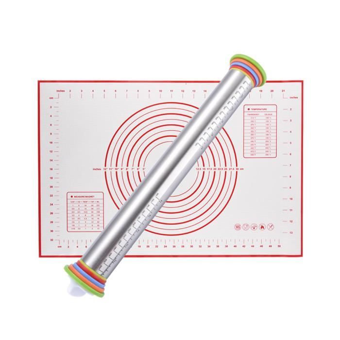 Tapis de P/âtisserie et Rouleau /à P/âtisserie Antiadh/ésif en Silicone Anti Adh/ésif en Acier Inoxydable avec Anneaux Ajustables