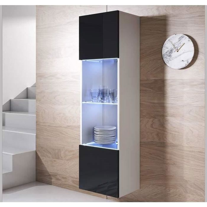 Design Ameublement - Vitrine Armoire LED LUKE V6 Suspendue - 1 porte - Blanc et Noir Brillant - 40x165x29cm