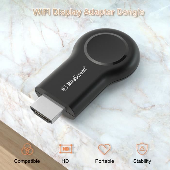 Clé TV E9 1080P - Miracast, AirPlay, DLNA, WiFi, Miroir D'écran Pour Smartphone/PC Vers TV, Design Compact Noir