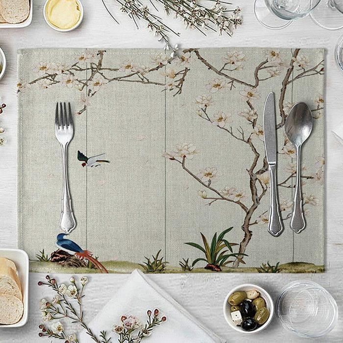 Lot Set De Table 1 Piece Deco Table Anniversaire Fille Coton Lin Arbre Fleur Et Oiseau 45x30cm Blanc Gris 921 Cdiscount Maison