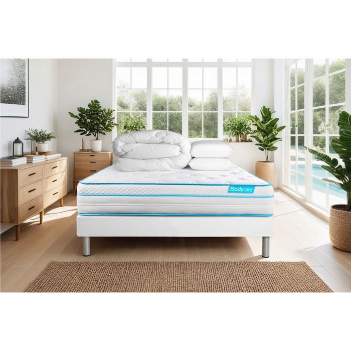 Ensemble sommier matelas 160x200 Bodyzone+ Ressorts ensachés et mémoire de forme - 26 cm - Ferme - sommier blanc + 2 oreillers + cou