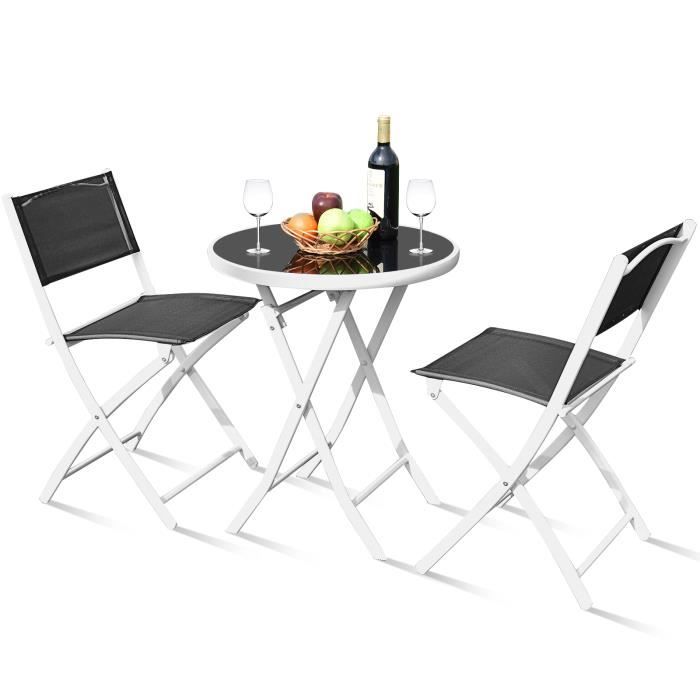 COSTWAY Salon de Jardin 3 Pcs - 1 Table de Jardin Exterieur avec 2 Chaise, Plateau Dia. 60 cm en Verre Trempé Cadre en Acier