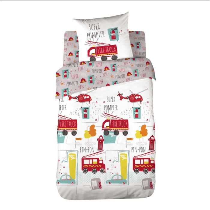 Parure De Lit Enfant Pompier Housse De Couette 140x0 Cm 1 Taie D Oreiller 63x63 Cm Cdiscount Maison