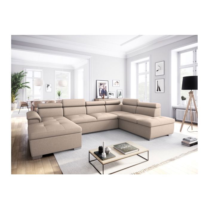 Canapé dangle Panoramique 6 places PAOLA convertible en Tissu Avec Coffres - Beige - L322 x P196 x H76cm - LOUNGITUDE Canapé dangle Panoramique 6 places PAOLA convertible en Tissu Avec Coffres - Beige - L322 x P196 x H76cm - LOUNGITUDE