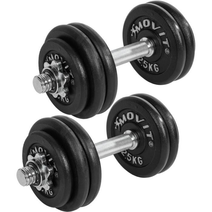 MOVIT PRO Ensemble d'haltères courts, haltères en fonte chromée, 30kg, barre 30mm norme standard, poignée moletée, fermetures en étoile, ensemble d'haltères courts poids