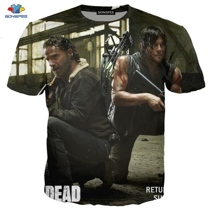 T-shirt d'impression 3D,SONSPEE – T-Shirt pour homme, tenue de Couple maladroit, Zombie, horreur 3D, Vampire The Walking Dead, Cool