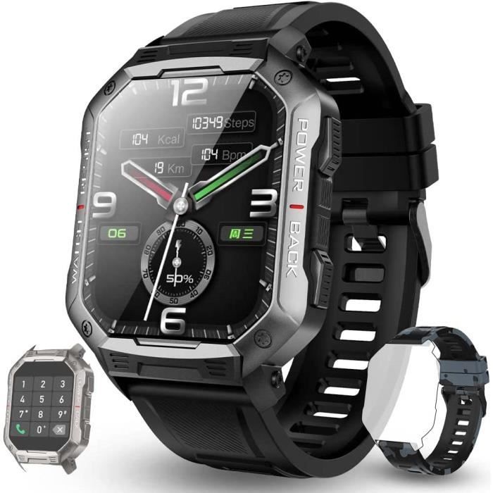 Montre Connectée Homme GPS Sport Appel Boussole Fréquence Cardiaque Pression Artérielle 900mAh Tracker D'Activit 2 Bracelets Noir - Téléphonie