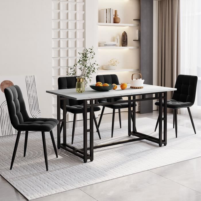 table à manger blanc 140 x 80 cm avec 4 chaises en velours noir, table à pieds en fer noir