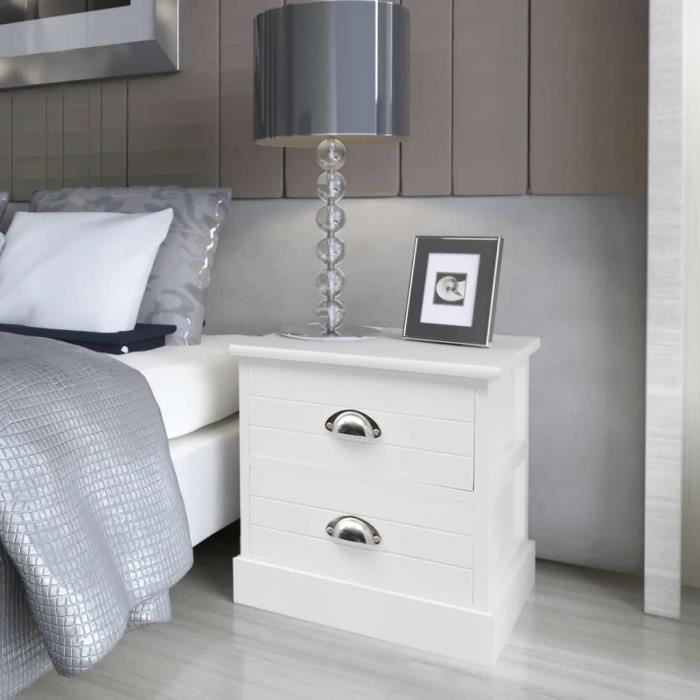 Tables de nuit Blanc - OVONNI - Lot de 2 - 2 tiroirs - Bois de Paulownia