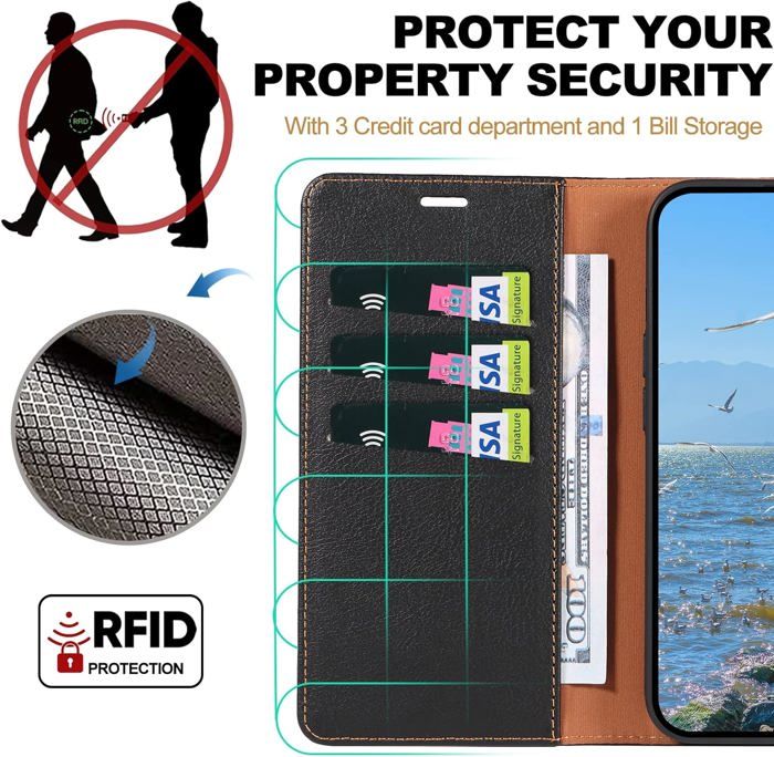 Shieldon Coque Fine Cuir Véritable Pour IPhone 17 6,3 Pouces 5G 2025, Étui Portefeuille Housse [Rangements Cartes][RFID Blocage][Chargement Sans Fil] Slim Wallet Case - Bleu Marine