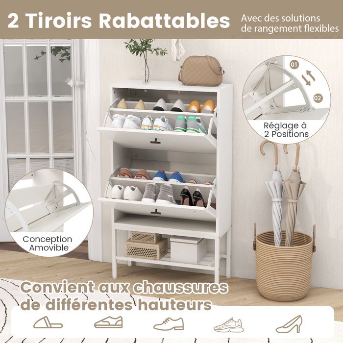 Banc à Chaussures Avec Rangement – 9 Compartiments + Coussin Amovible – Meuble D’entrée Blanc Design