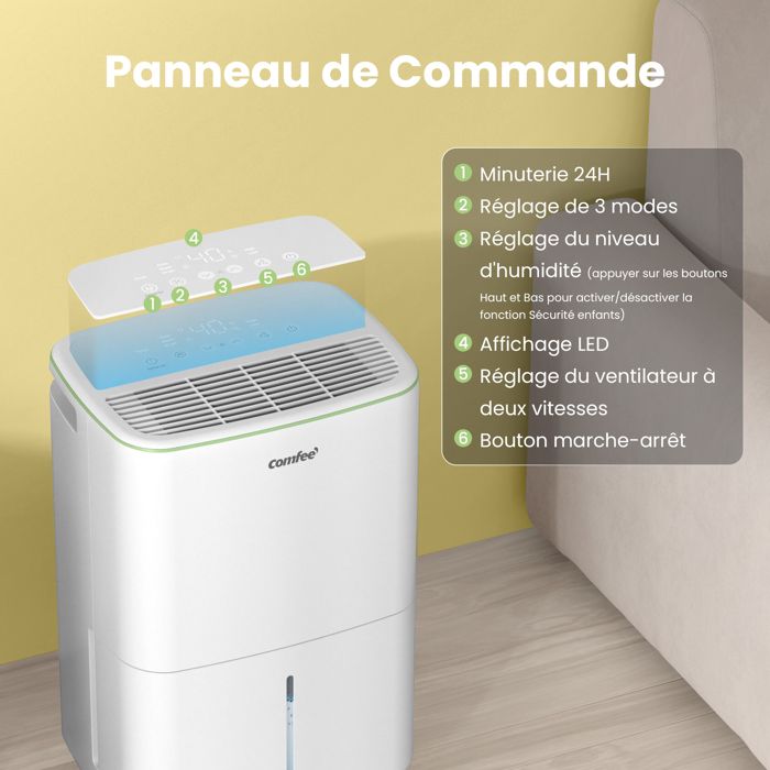 Comfee Déshumidificateur - 30 l/24 h - Taille de la pièce : environ 180 m³ ( 80 m²) - Écran LED - Minuterie 24 h - DG-30DEN7