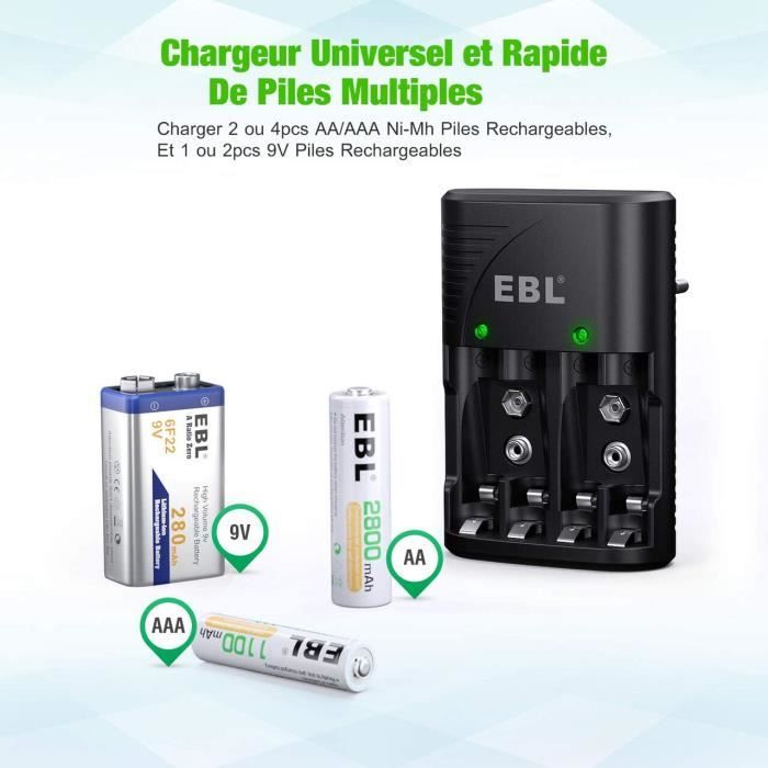 Chargeur Piles Rechargeables AA et AAA avec 4 Piles AA Minh Rechargeables  incluses | 100% PEAKPOWER | Chargeur Rapide avec USB 4 emplacements + 4