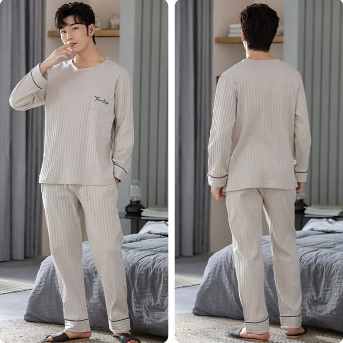 Pyjama élégant pour homme, ensemble 2 pièces, en coton, col rond