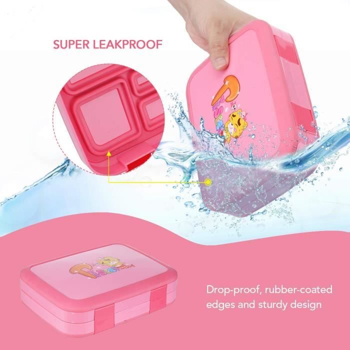 Boîte Déjeuner école Lunch Box Enfant WuGU 1300ml - 5 Compartiments Sans BPA - Avec Couverts Et Boîte à Sauce - Rose Bento Enfant 1300ml