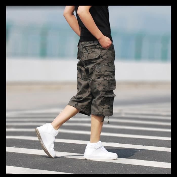 Pantacourt Homme Cargo Camouflage Multi poche Bermuda Homme Vert fonce