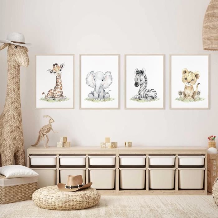 Lot 3 Affiches Animaux Jungle Savane Bébé Garçon - Posters Chambre Enfant 30x40cm Lion Girafe Sans Cadre