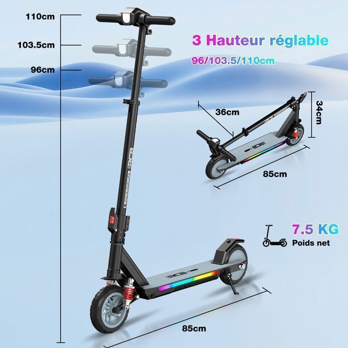 Trottinette électrique Enfant RCB R12 Max – 6-12 Ans – 18 Km/h – Autonomie 15 Km – Moteur 150 W – Pliable – LED Et écran – Suspension – Poids 7,5 Kg