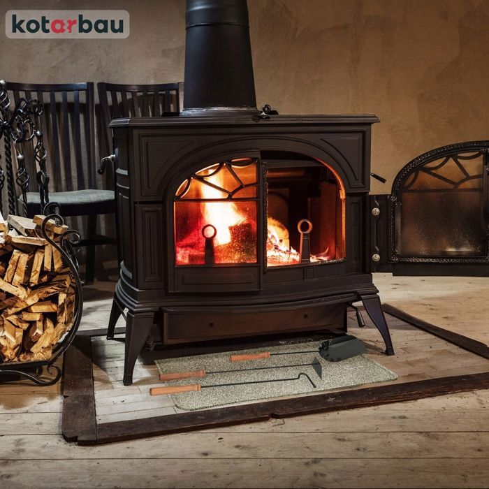 Ensemble Accessoires Cheminée 4 Pièces - Pelle à Cendres, Balai, Gants, Crochet - Manches En Bois Antidérapants - Pour Poêle à Bois, Barbecue Intérieur/extérieur