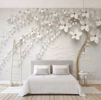 Papier Peint Panoramique 3D Papier peint personnalisé avec branches de fleurs en relief blanches, décoration de salon