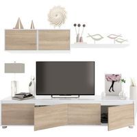 Meuble complet pour meuble TV de salon - 200 x 41 h43 - Style et design contemporain, blanc et chêne