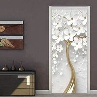 Autocollants de porte 3D, papier peint de porte auto-adhésif 3D fleur blanche salon chambre étanche Photo papier peint porte Film