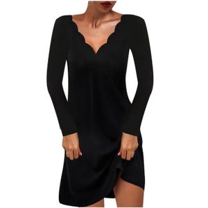 ROBE lukcolor Fashion Women Sexy Casual Wave-Neck Robe solide à manches longues Mini robe 1PC Noir