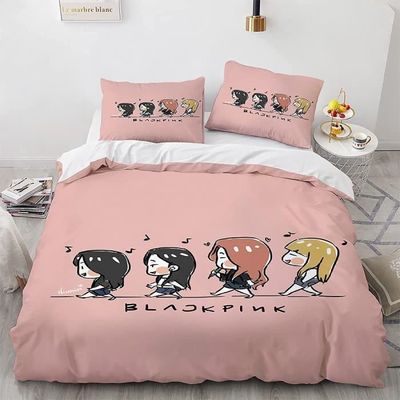 Parure De Lit Kpop Pour Enfant – Housse De Couette Et Taie D'oreiller Noir Et Rose – Impression 3D Haute Qualité – Taille Simple 140x200 Cm