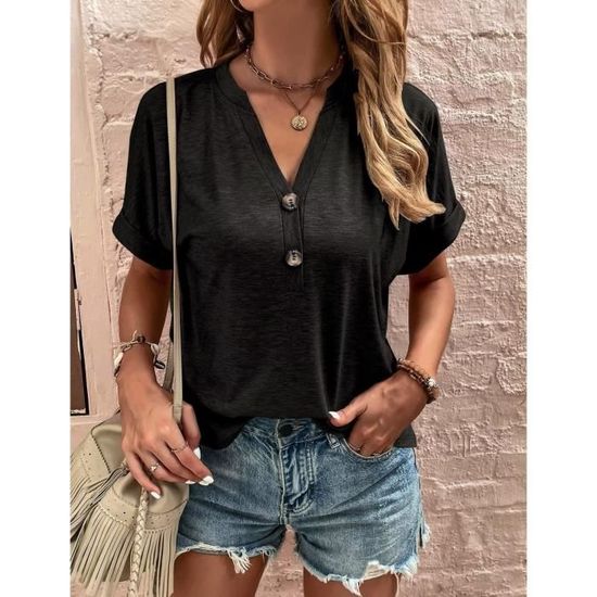 2025 T-shirts à Manches Courtes Femme d'été à Boutons avec col en V et Manches Courtes pour Femmes, T-Shirt d'été Basique, Coupe Ample Vetement Femme Ete Chic Tunique Chemisiers et Blouses Soldes