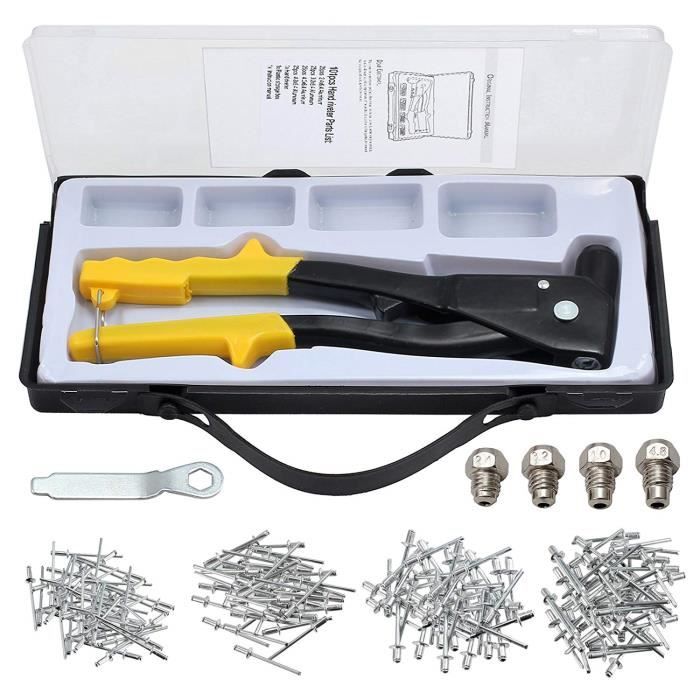 Pince à Riveter Professionnel Pop Riveteuse avec 200pcs Rivets et Clé Amovible Outils de Réparation à Main pour Métal Bois Plastique