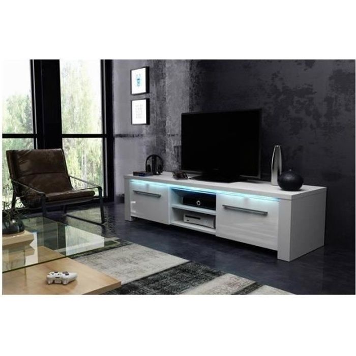 Meuble TV design MANHATTAN 140 cm à 2 portes & 2 niches coloris blanc mat et blanc brillant + led Blanc