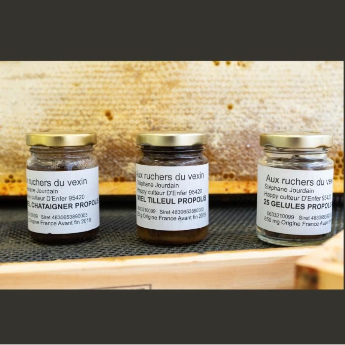 Assortiment Propolis : 1 miel tilleul propolis 125g, 1 miel châtaignier propolis 125g et 25 gélules de propolis