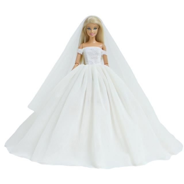 Mode bretelles dentelle robe de bal mariée blanc robes de mariée princesse traînant voile vêtements pour Barbie poupée accessoires