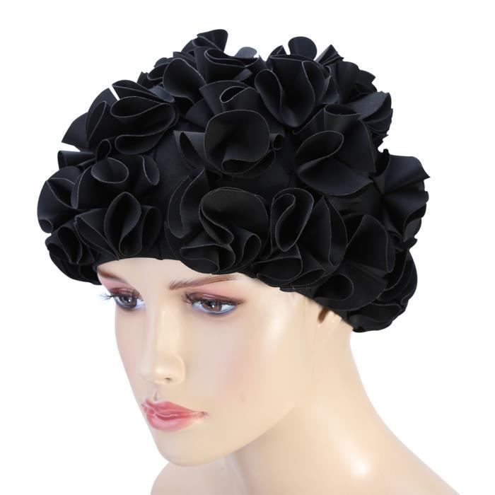 Bonnet de bain Femmes Enfants Forme De Fleur Mode Chapeau De Bain Élastique Bonnet De Bain Cheveux Longs (Noir)