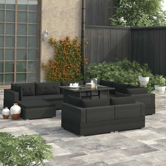 WON Salon de jardin 10 pcs avec coussins Résine tressée Noir résistante aux intempéries