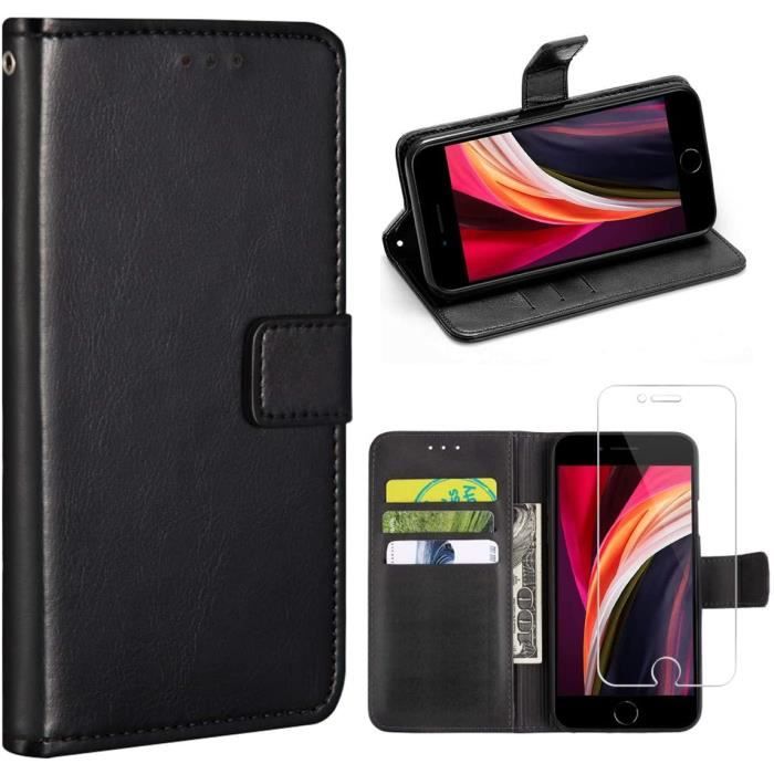 Coque pour iPhone Se 2020,Noir PU Cuir à Rabat [Fonction de Stand] Flip Housse Étui avec Un Verre Trempé Film Protection Écran pour