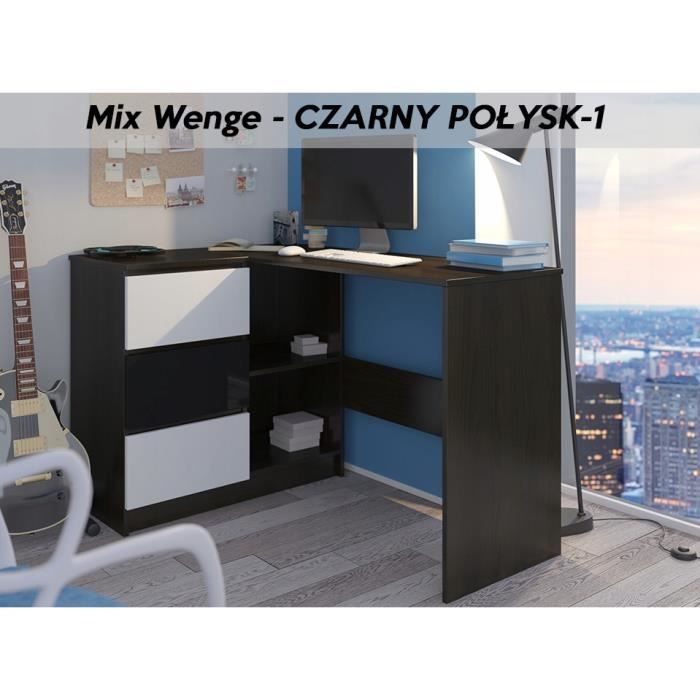 KIAN W - Bureau d'angle + rangements + 3 tiroirs - 112x87x76 cm - Table d'ordinateur forme de L - Wengé Blanc